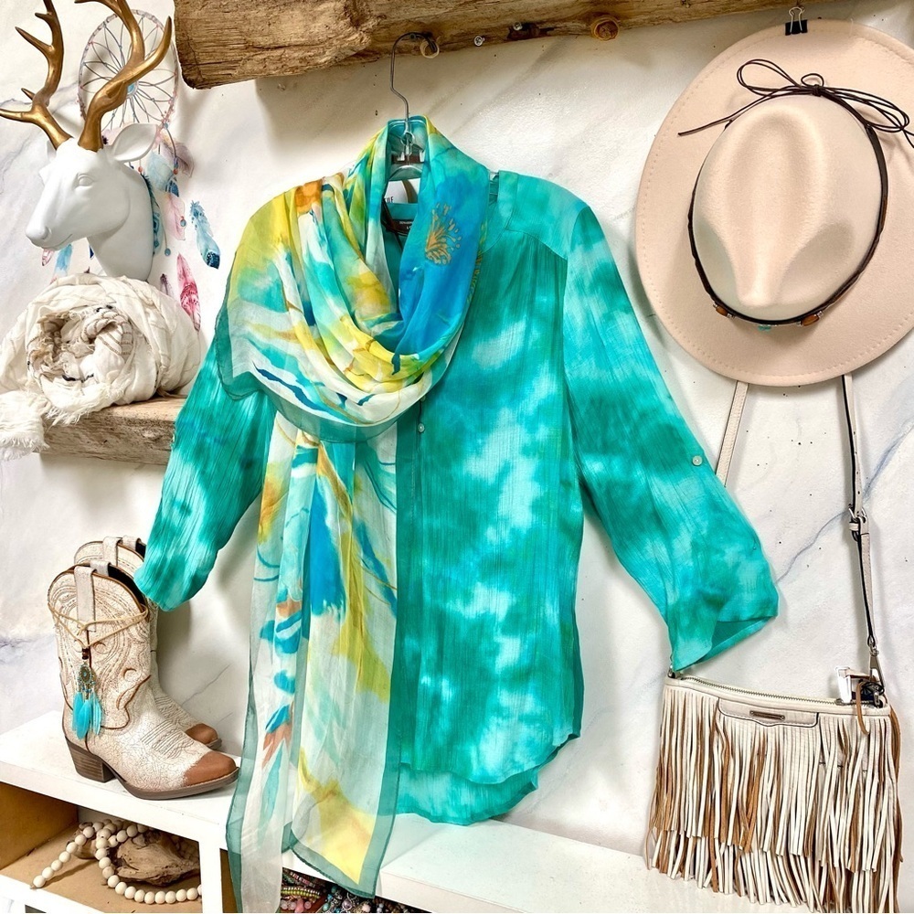 Aqua dream SILK SCARF/body wrap w abstract floral and resort vacay beach vibe